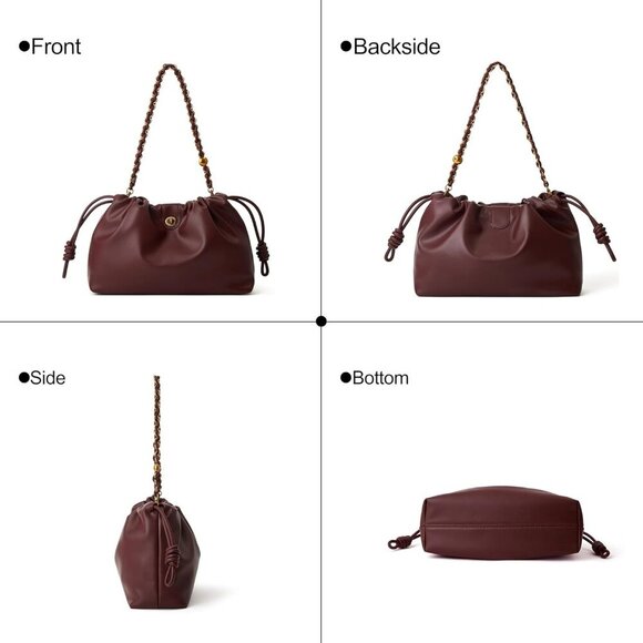 Drawstring Hobo Purse for Women Trendy Bucket Shoulder Bag With Top Chain Handle - Picture 2 of 7